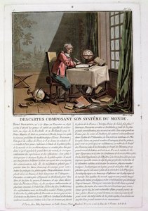 René Descartes (1596-1650) che scrive il suo sistema del mondo, inciso da Jean Baptiste Moret (fl.1790-1820), 1791 da Desfontaines